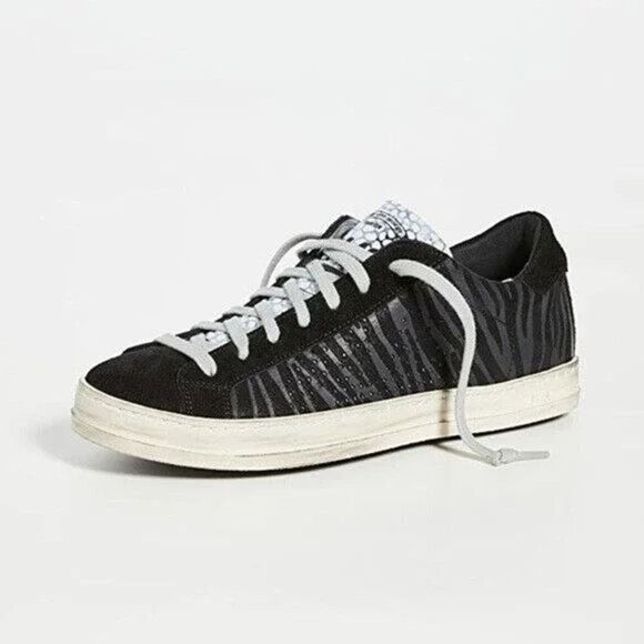 P448 Sneakers Black Seude Leather Zebra Metallic Stripe Low Tops Size 39 - Picture 1 of 9